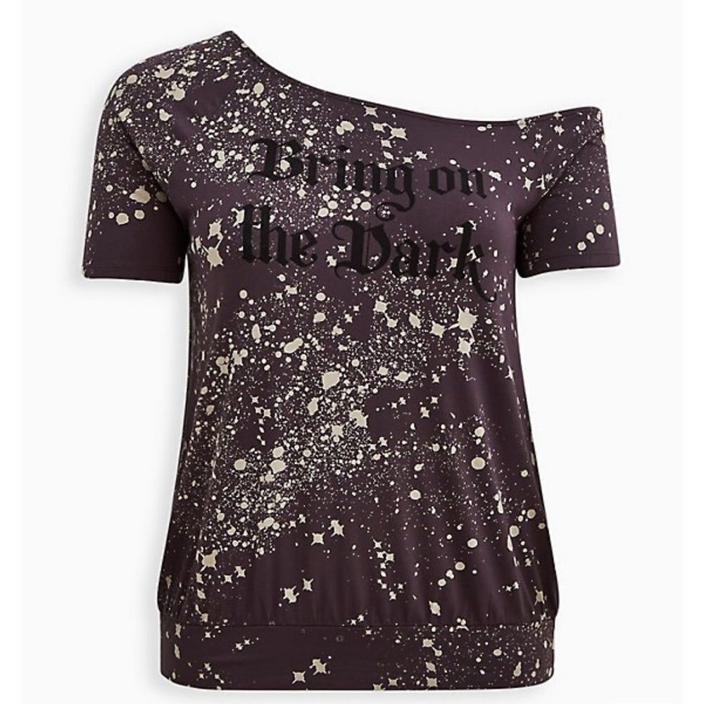 Torrid Lovesick Bring On the Dark off shoulder tee t shirt splatter grey new 6x